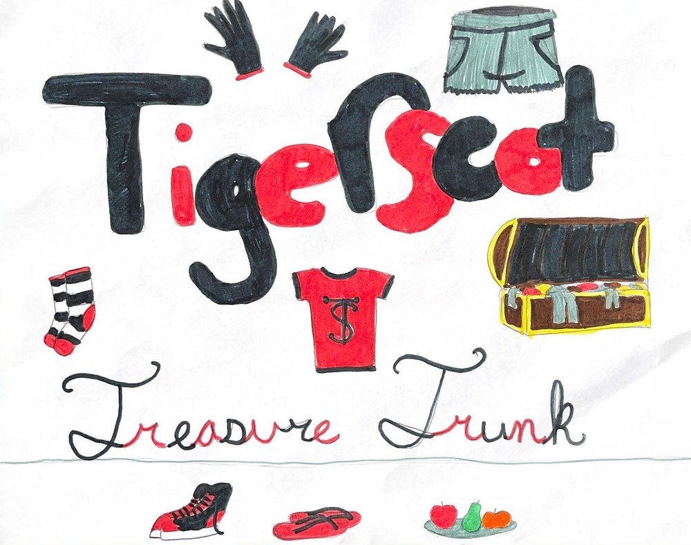 Hand drawn sign for TigerScot Treasure Trunk